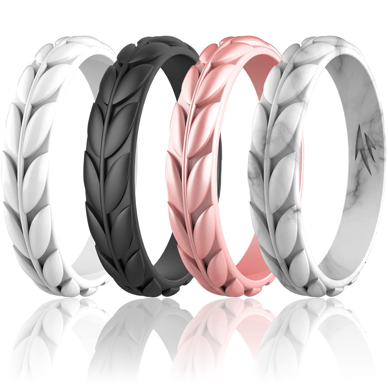 Zollen 4 Packs Olive Leaves Silicone Wedding Rings for Women Rubber Wedding Bands Stackable Ring Hypoallergenic Silicone Size 7