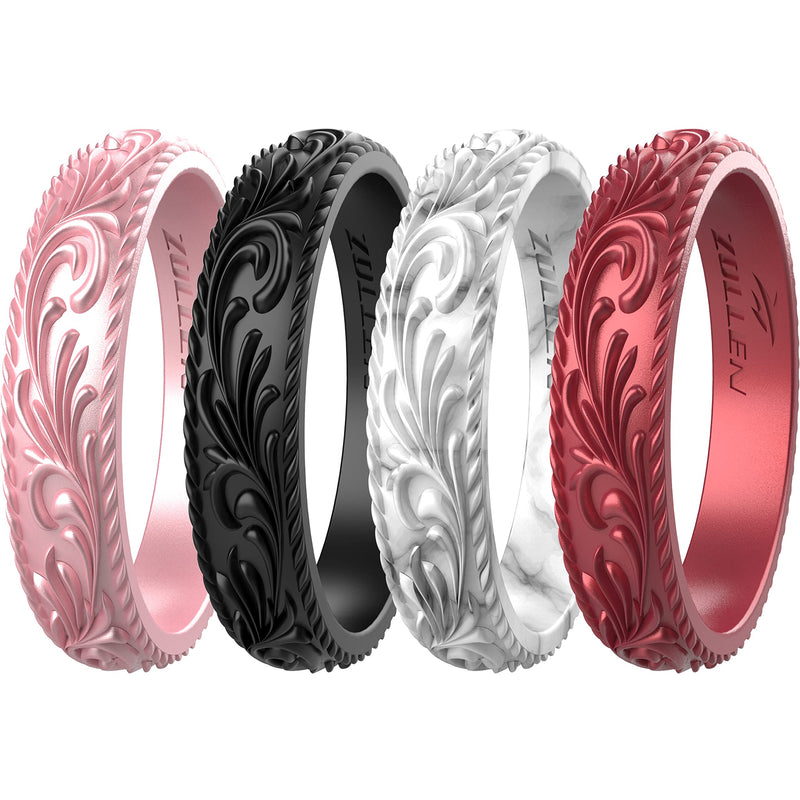 Zollen Silicone Wedding Rings for Women 4 Packs -Metallic Stackable Silicone Rubber Wedding Bands - Innovative Vine Collection Size 10