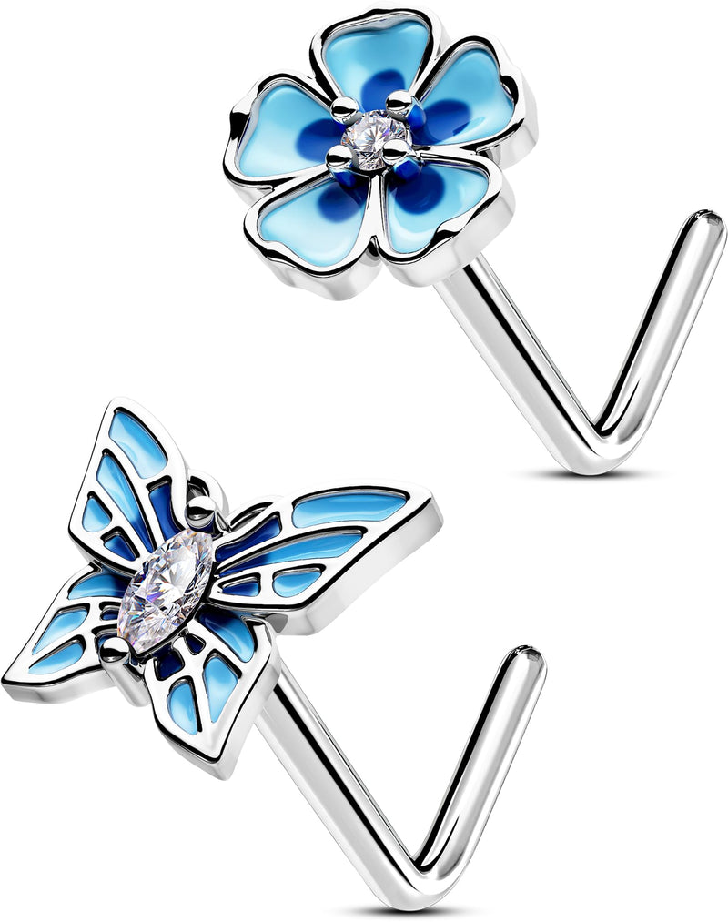 OUFER 2PCS Nose Rings Studs 316L Surgical Steel 20G Nose Rings L-shaped Silver Spring Element Butterfly Flower Design Blue Nose Nostril Piercing Jewelry for Women and Men