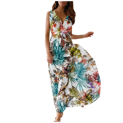 Boho Dresses for Women 2024 Womens Summer Dresses Dresses for Women 2024 Casual Empire Waist Dress Womens Summer Casual Print Bandage Elastic Waist V-Neck Sleeveless Pullover Dress 04 White Medium