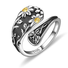 Sunflower Spoon Ring - Sterling Silver Vintage Adjustable Antique Spoon Rings for Women Boho Flower Wide Thumb Ring