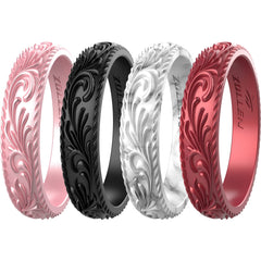 Zollen Silicone Wedding Rings for Women 4 Packs -Metallic Stackable Silicone Rubber Wedding Bands - Innovative Vine Collection Size 10