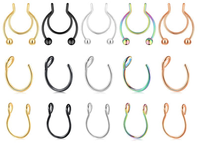 Fzroezz 15Pcs 20 Gauge Nose Rings Fake Nose Ring Fake Septum Nose Rings Nose Rings Hoops Nose Jewelry Fake Septum Piercing Nose Rings for Women Men Lip Rings Faux Nose Rings