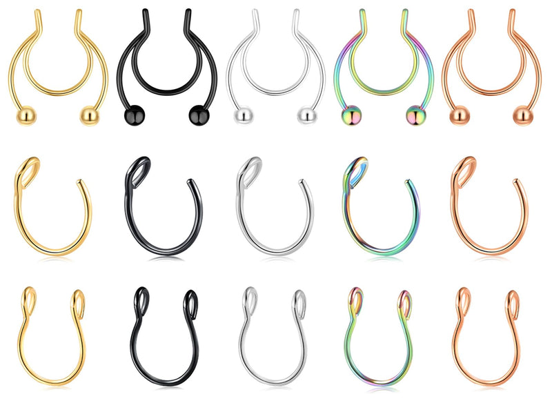 Fzroezz 15Pcs 20 Gauge Nose Rings Fake Nose Ring Fake Septum Nose Rings Nose Rings Hoops Nose Jewelry Fake Septum Piercing Nose Rings for Women Men Lip Rings Faux Nose Rings