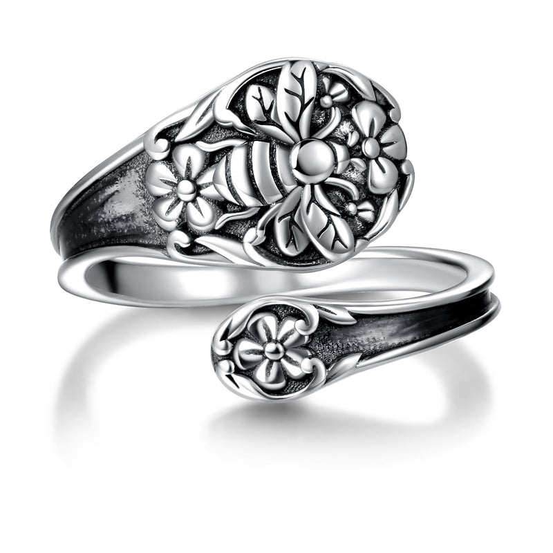 zaxsj Sterling Silver Spoon Ring for Women Bee Cross Vintage Adjustable Bees Flower Spoon Rings for Thumb Rings Jewelry Gifts for Mom Grandma (Bee)