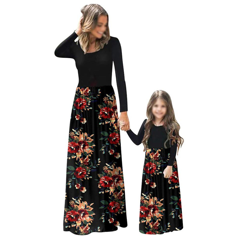 PopReal Mommy and Me Maxi Dresses Casual Floral Printed Plaid Long Sleeve with Pockets